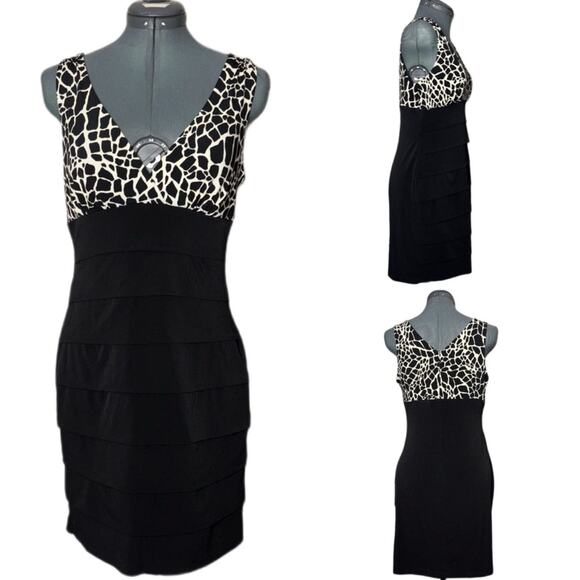 EnFocus Black Giraffe Print Mini Dress Stretchy Bodycon Tiered Women's 8P - Picture 1 of 16